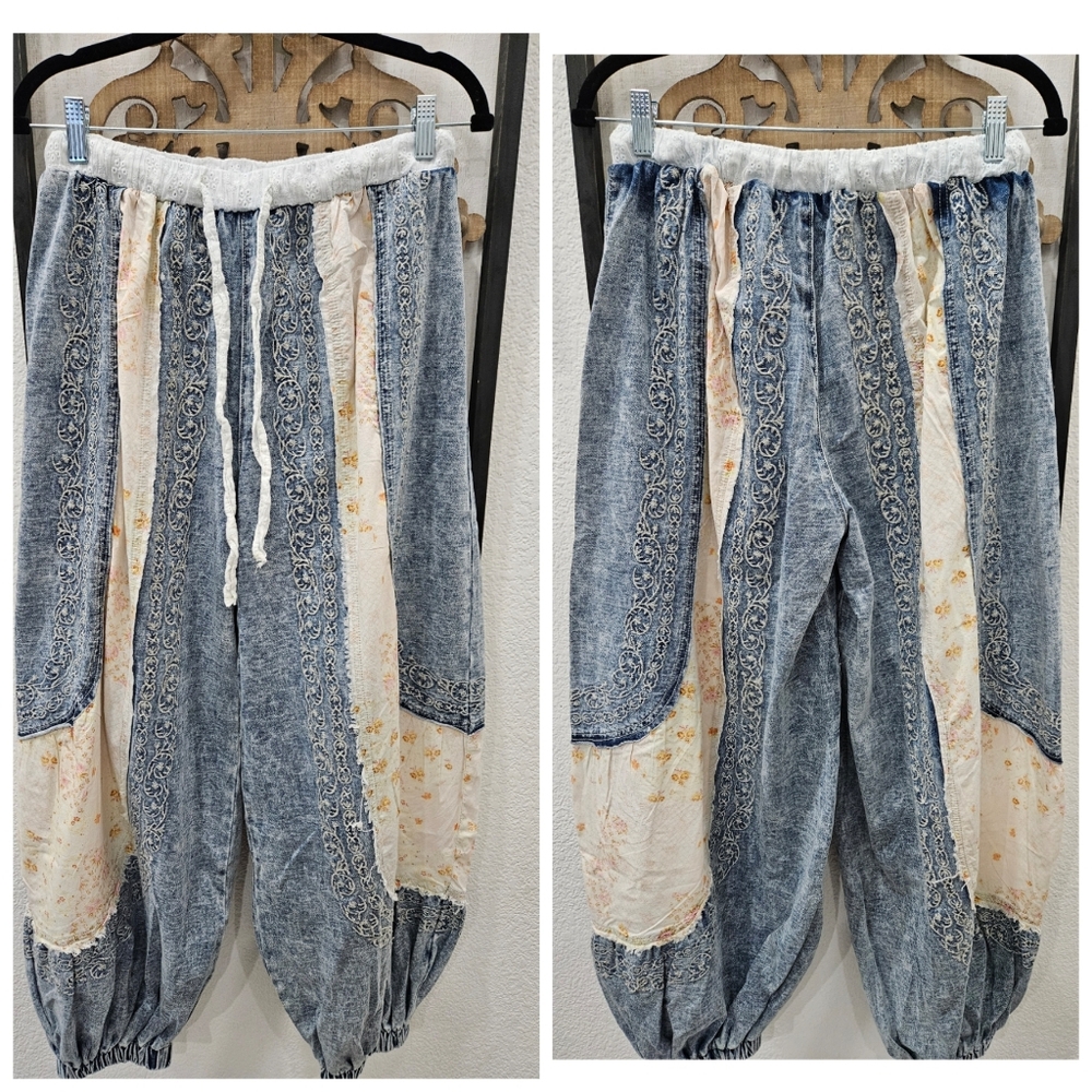 POL Women's Blue and Cream Patchwork Harem Pants and Top ( SET) - Picture 2 of 7